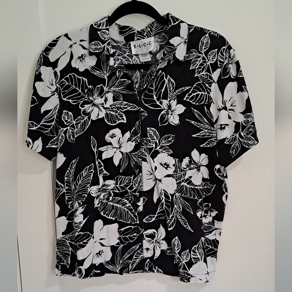 E.L.C.C. Linen-Blend Hawaiian Button-Up Shirt – Women’s M (Black & White Floral)